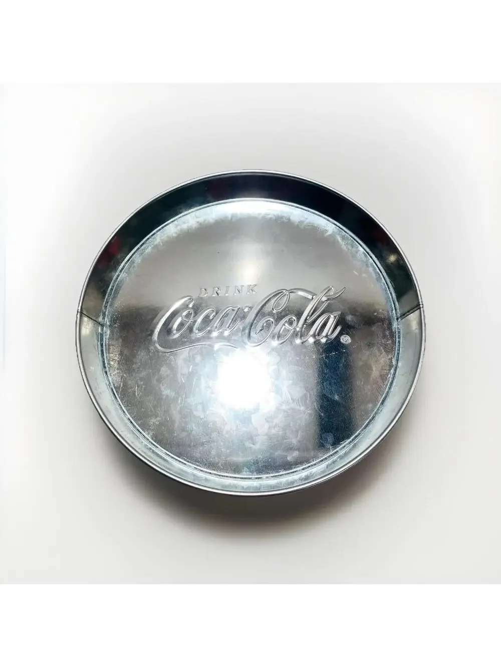 Coca Cola Chrome Silver Tin Tray Retro Coke Circle VTG Kitchen Decor Memorabilia